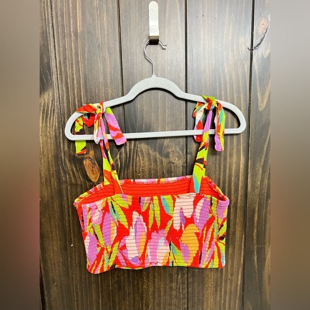 Lulus Red, Tropical-Multi Print Smocked Tie-Strap Top - 
Size: XL - Picture 8 of 8